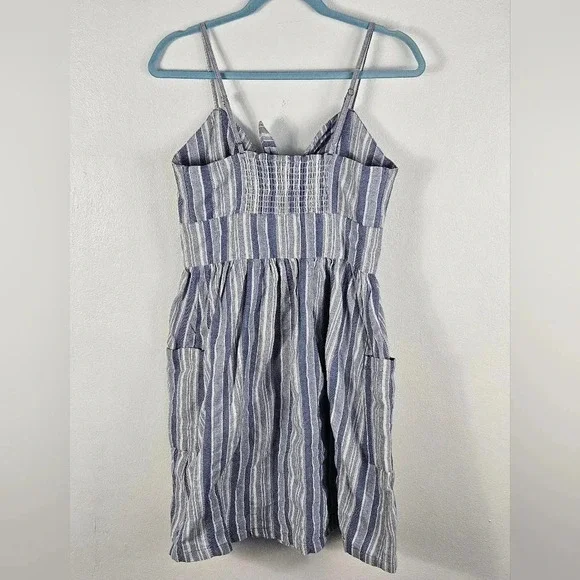 Roxy Blue White Stripe Tie Front Button Front Mini Dress Pockets Size M NWT‎